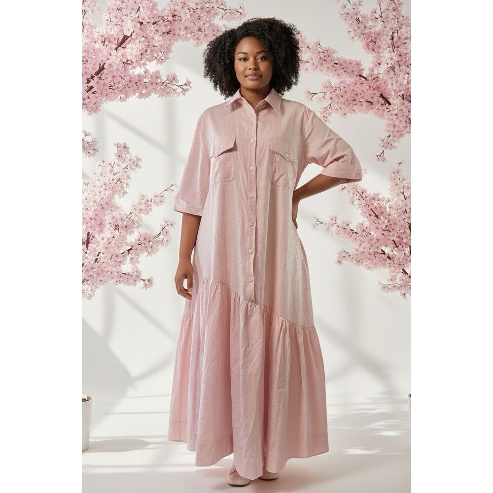 Oyrosy womens pale pink crisp collared shirt maxi dress Large feminine